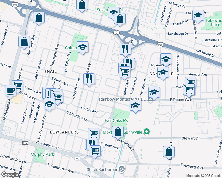 map of restaurants, bars, coffee shops, grocery stores, and more near 580 East Duane Avenue in Sunnyvale