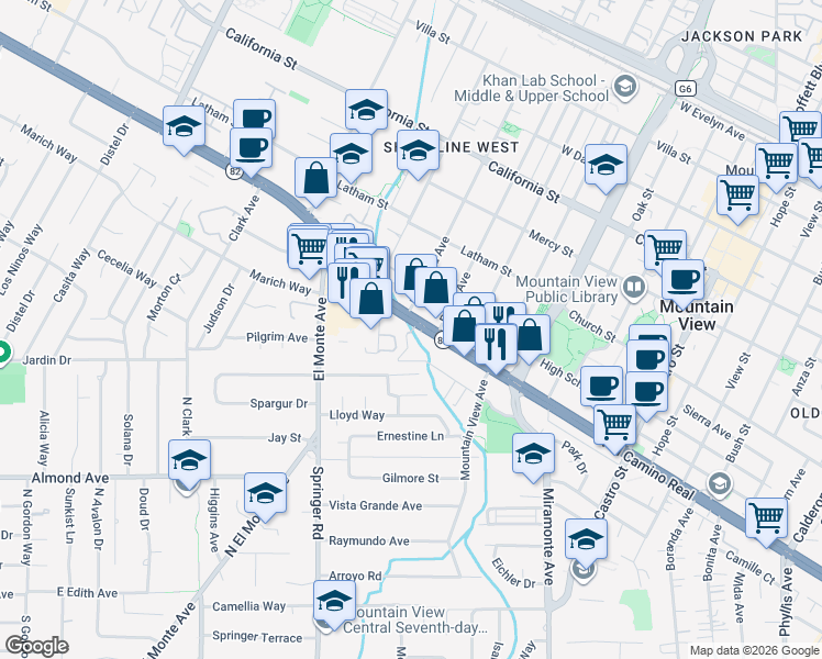 map of restaurants, bars, coffee shops, grocery stores, and more near 1571 California 82 in Mountain View
