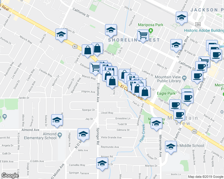 map of restaurants, bars, coffee shops, grocery stores, and more near 1000 Rich Avenue in Mountain View