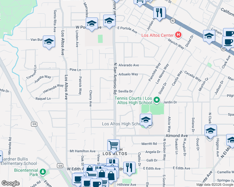 map of restaurants, bars, coffee shops, grocery stores, and more near 20 Parsons Way in Los Altos