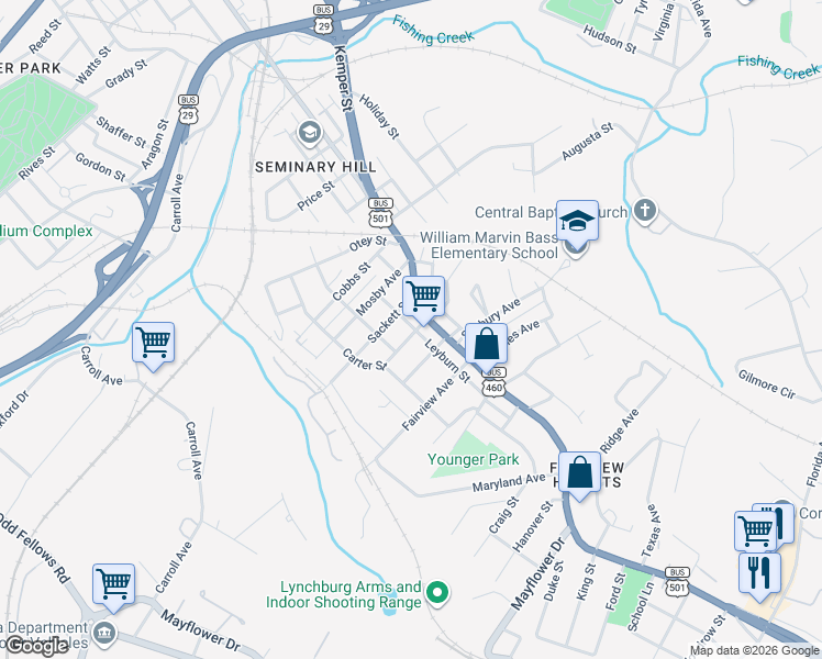 map of restaurants, bars, coffee shops, grocery stores, and more near 2236 Easley Avenue in Lynchburg