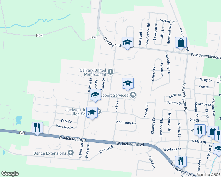map of restaurants, bars, coffee shops, grocery stores, and more near 504 Broadridge Drive in Jackson