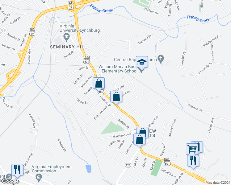 map of restaurants, bars, coffee shops, grocery stores, and more near 1936 Seabury Avenue in Lynchburg
