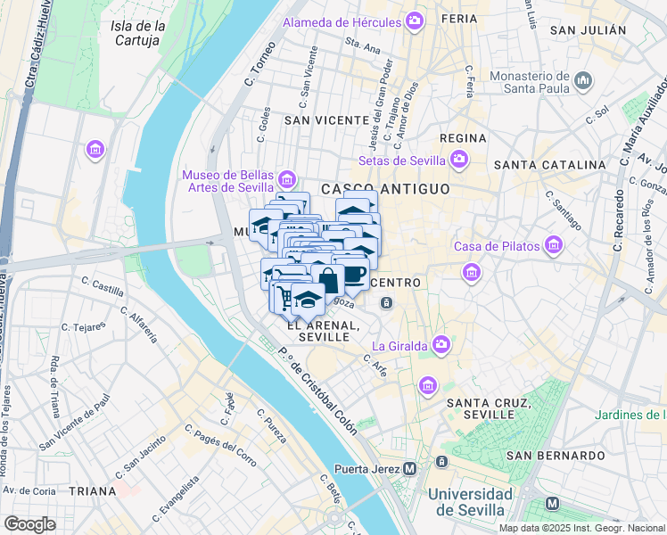map of restaurants, bars, coffee shops, grocery stores, and more near in Seville