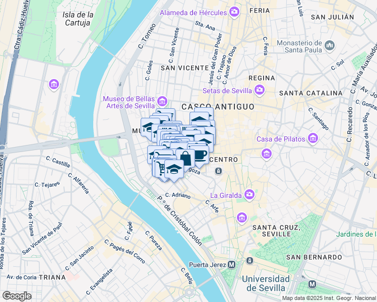 map of restaurants, bars, coffee shops, grocery stores, and more near in Seville