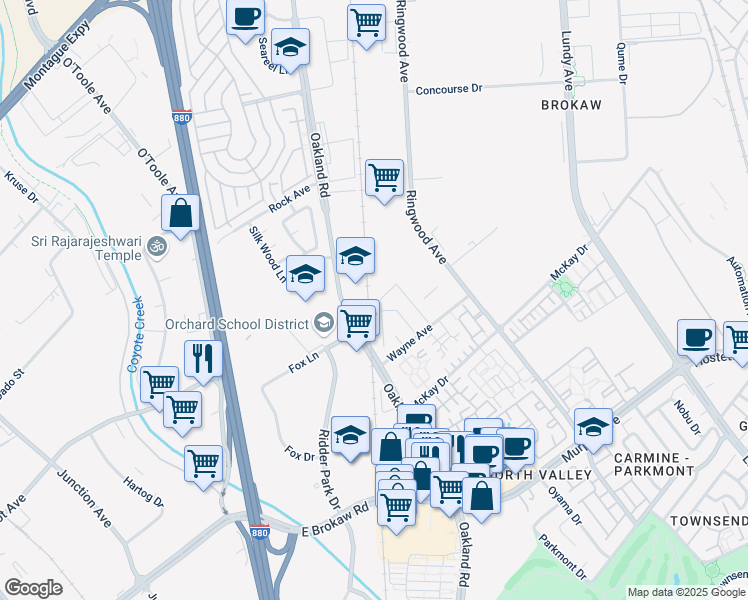 map of restaurants, bars, coffee shops, grocery stores, and more near 1866 Fumia Place in San Jose