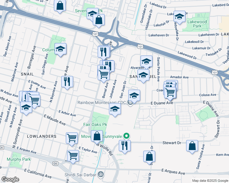 map of restaurants, bars, coffee shops, grocery stores, and more near 662 Johanna Avenue in Sunnyvale