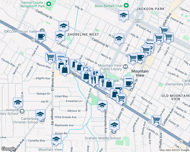 map of restaurants, bars, coffee shops, grocery stores, and more near 1303 Snow Street in Mountain View