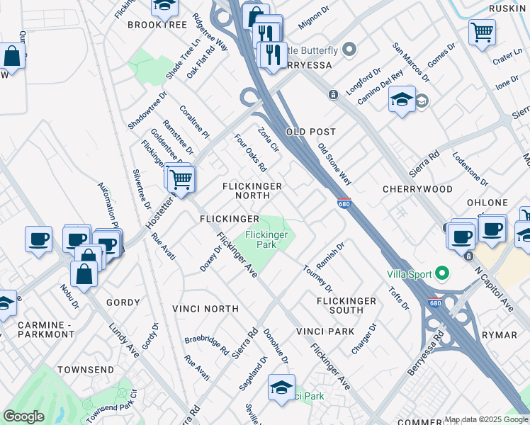 map of restaurants, bars, coffee shops, grocery stores, and more near 2099 Ulster Drive in San Jose