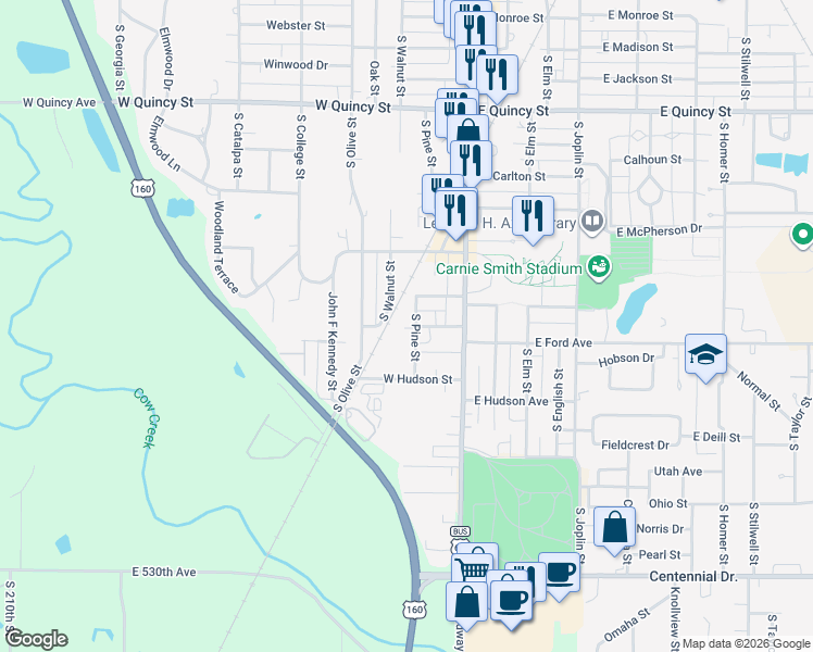 map of restaurants, bars, coffee shops, grocery stores, and more near 1900 South Pine Street in Pittsburg