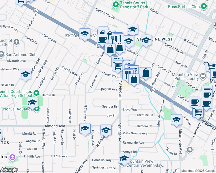 map of restaurants, bars, coffee shops, grocery stores, and more near 1755 Mayflower Court in Mountain View