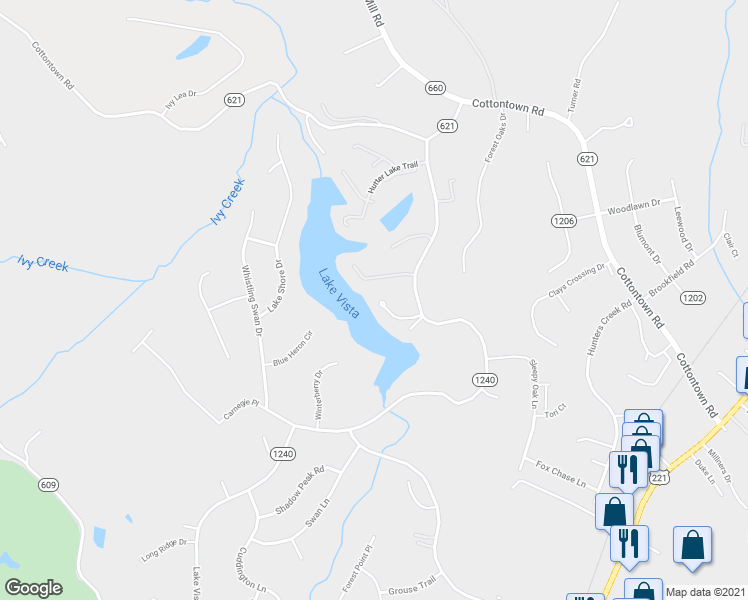 map of restaurants, bars, coffee shops, grocery stores, and more near 112 Waterview Circle in Forest