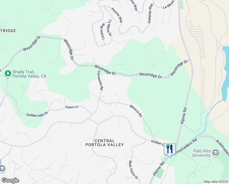 map of restaurants, bars, coffee shops, grocery stores, and more near 30 Pine Ridge Way in Portola Valley