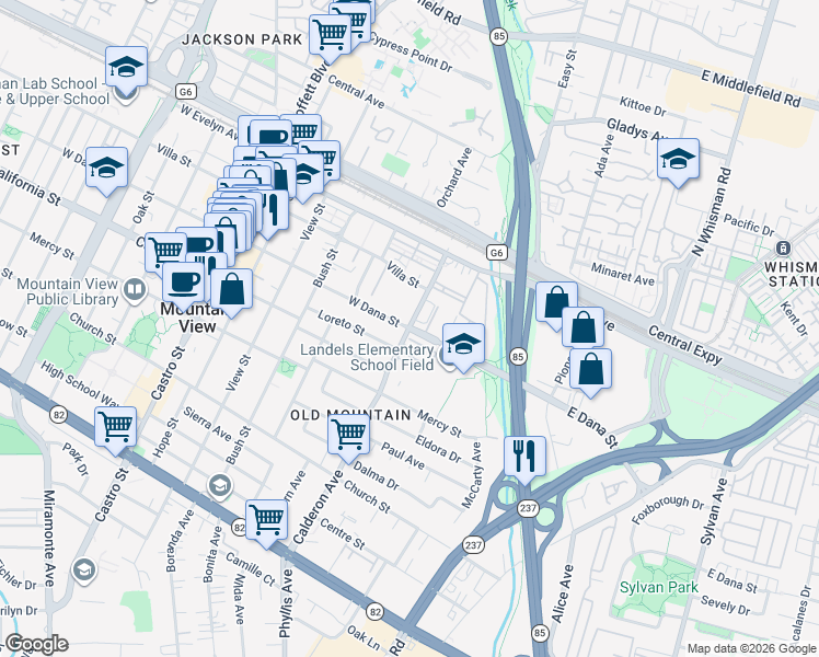 map of restaurants, bars, coffee shops, grocery stores, and more near Calderon Ave & W Dana St in Mountain View