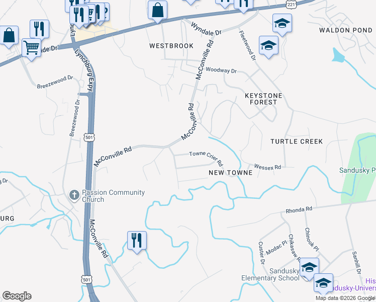 map of restaurants, bars, coffee shops, grocery stores, and more near 212 Towne Crier Road in Lynchburg
