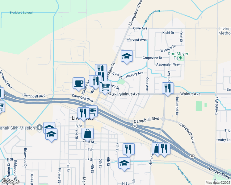 map of restaurants, bars, coffee shops, grocery stores, and more near 330 Franci Street in Livingston