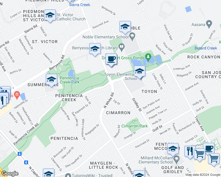 map of restaurants, bars, coffee shops, grocery stores, and more near 3227 Almansa Court in San Jose
