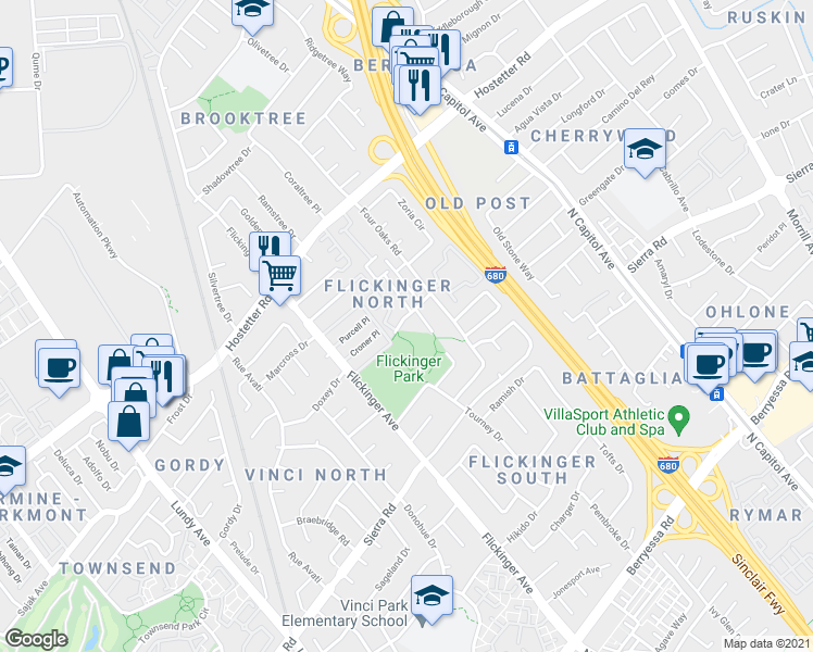 map of restaurants, bars, coffee shops, grocery stores, and more near 2099 Ulster Drive in San Jose