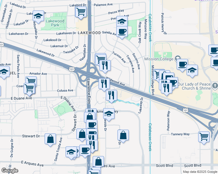 map of restaurants, bars, coffee shops, grocery stores, and more near 1265 Lakeside Drive in Sunnyvale