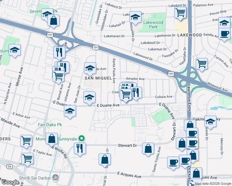 map of restaurants, bars, coffee shops, grocery stores, and more near 647 San Pedro Avenue in Sunnyvale