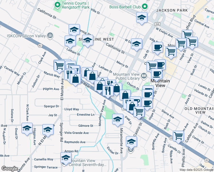 map of restaurants, bars, coffee shops, grocery stores, and more near 1398 West El Camino Real in Mountain View