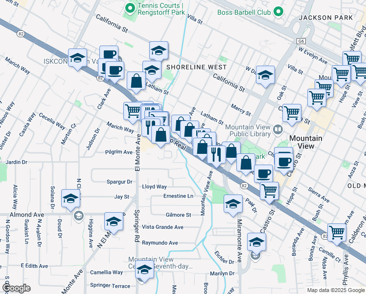 map of restaurants, bars, coffee shops, grocery stores, and more near 1571 California 82 in Mountain View