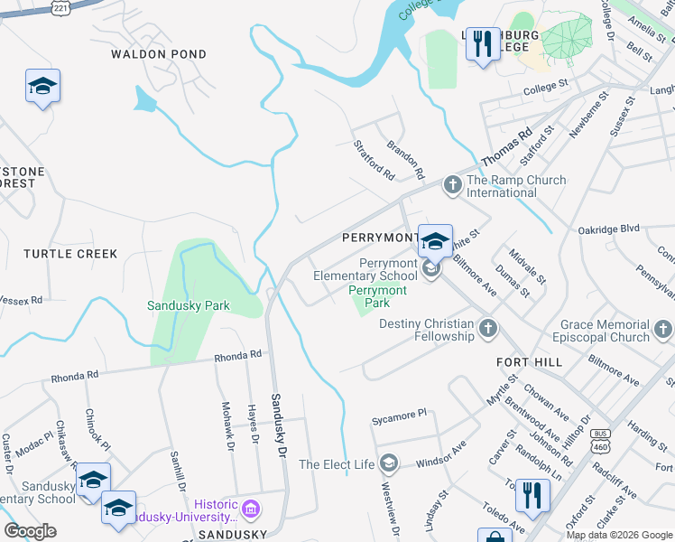 map of restaurants, bars, coffee shops, grocery stores, and more near 4633 Oakdale Drive in Lynchburg