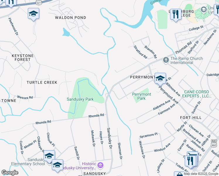 map of restaurants, bars, coffee shops, grocery stores, and more near 4720 Greenwood Drive in Lynchburg