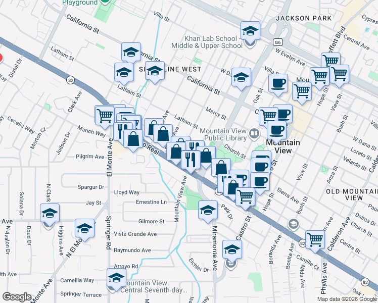 map of restaurants, bars, coffee shops, grocery stores, and more near 1398 West El Camino Real in Mountain View