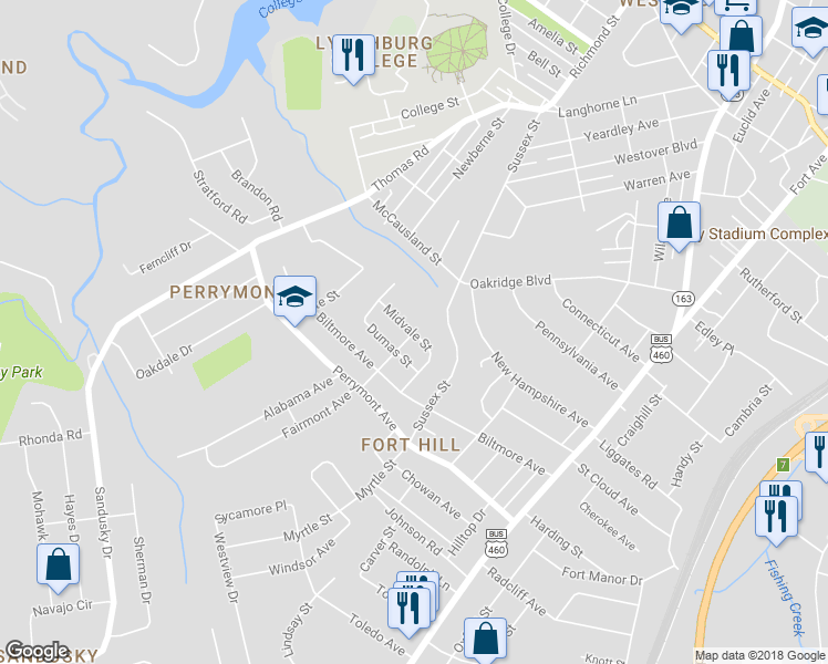map of restaurants, bars, coffee shops, grocery stores, and more near 598 Midvale Street in Lynchburg