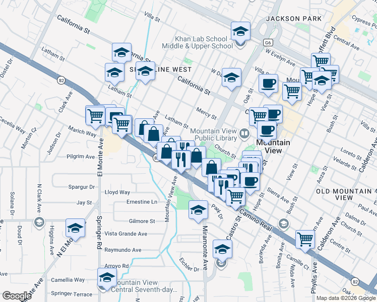 map of restaurants, bars, coffee shops, grocery stores, and more near Mountain View Avenue in Mountain View