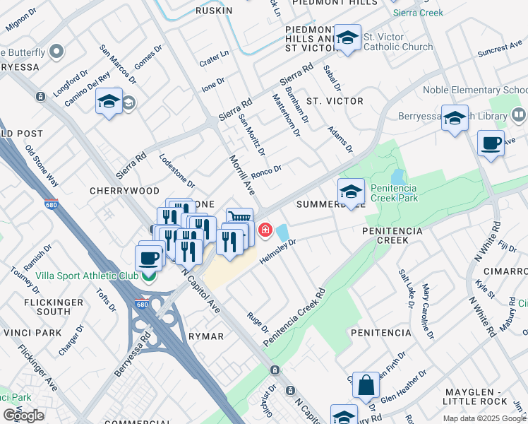 map of restaurants, bars, coffee shops, grocery stores, and more near Berryessa Rd & Morrill Ave in San Jose