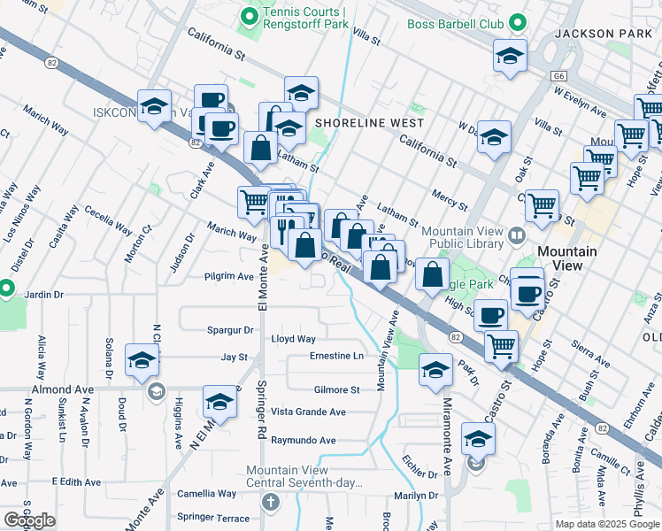 map of restaurants, bars, coffee shops, grocery stores, and more near 1616 California 82 in Mountain View