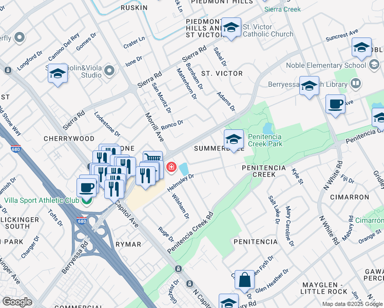 map of restaurants, bars, coffee shops, grocery stores, and more near 1147 Summerwings Court in San Jose
