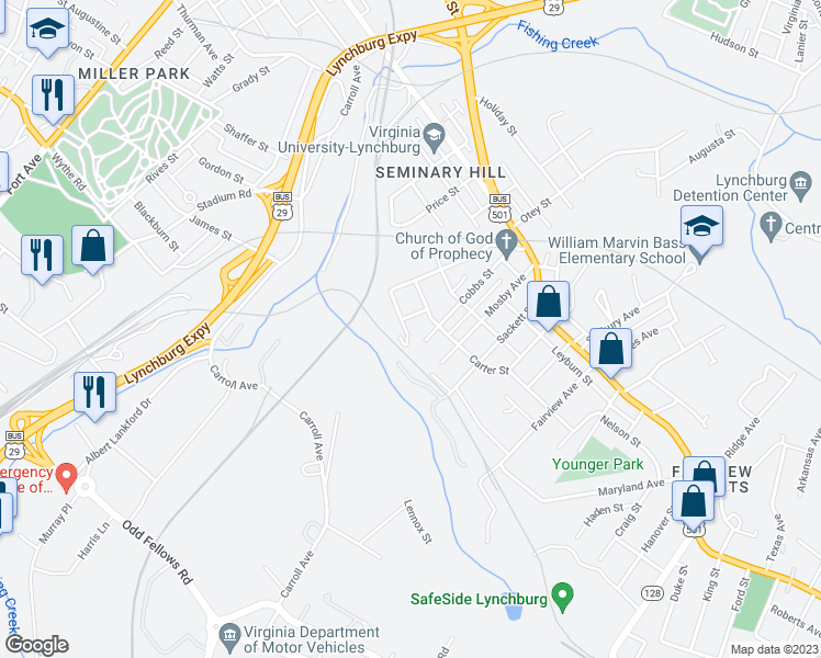 map of restaurants, bars, coffee shops, grocery stores, and more near 2620 Greene Street in Lynchburg