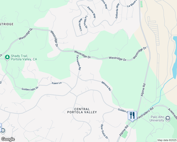 map of restaurants, bars, coffee shops, grocery stores, and more near 30 Pine Ridge Way in Portola Valley