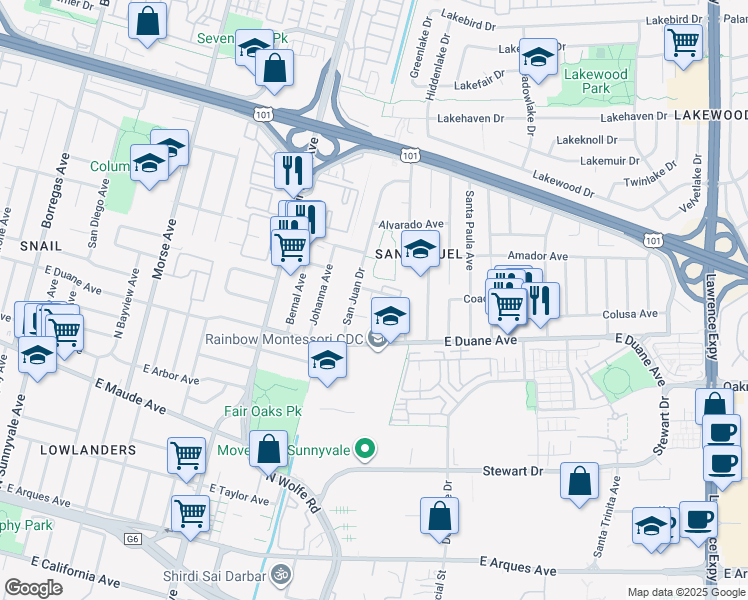 map of restaurants, bars, coffee shops, grocery stores, and more near 743 Brea Terrace in Sunnyvale