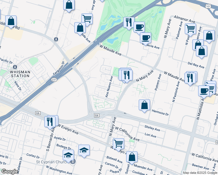 map of restaurants, bars, coffee shops, grocery stores, and more near Ano Nuevo Avenue in Sunnyvale