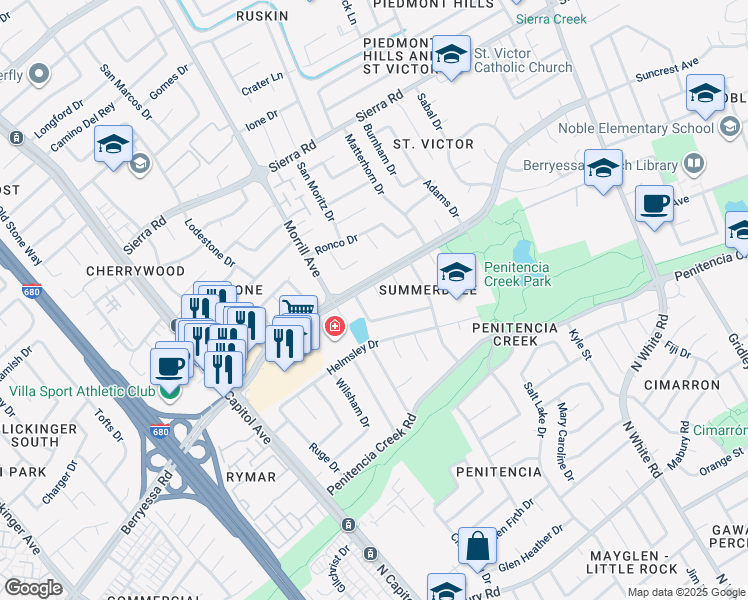 map of restaurants, bars, coffee shops, grocery stores, and more near 1147 Summerwings Court in San Jose