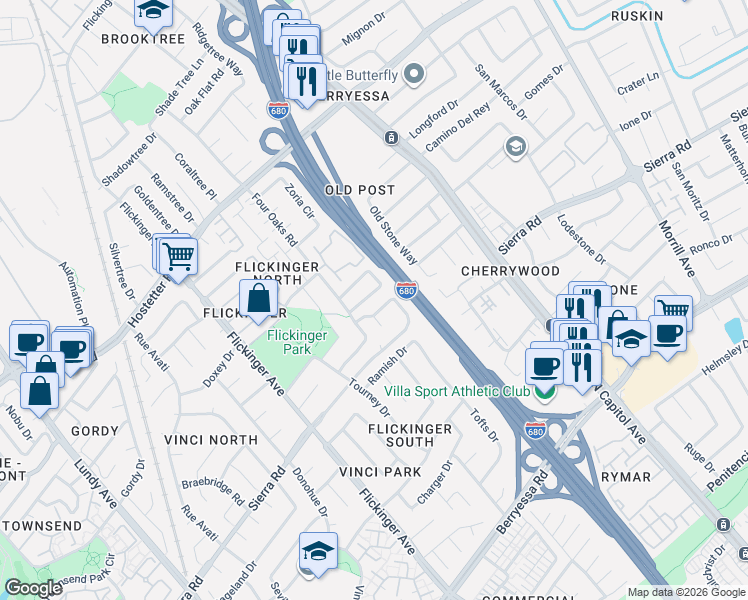 map of restaurants, bars, coffee shops, grocery stores, and more near 2235 Emerald Hills Circle in San Jose