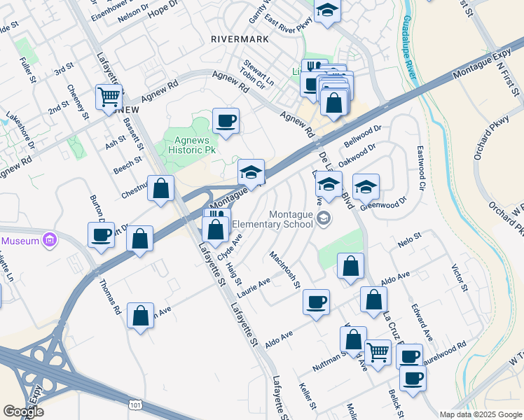 map of restaurants, bars, coffee shops, grocery stores, and more near 849 Leith Avenue in Santa Clara