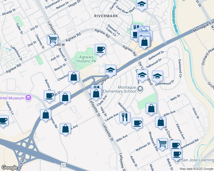 map of restaurants, bars, coffee shops, grocery stores, and more near 941 Clyde Avenue in Santa Clara