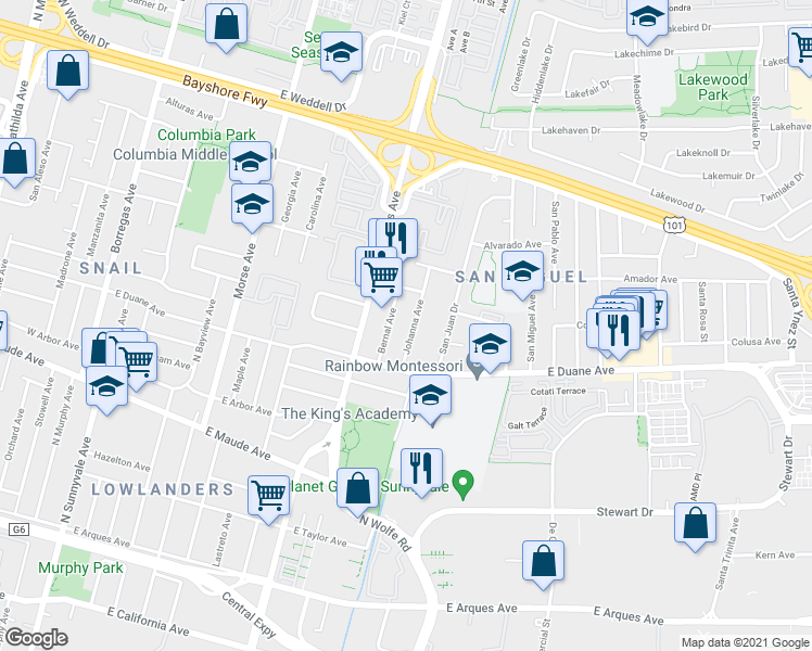 map of restaurants, bars, coffee shops, grocery stores, and more near 638 Caliente Drive in Sunnyvale