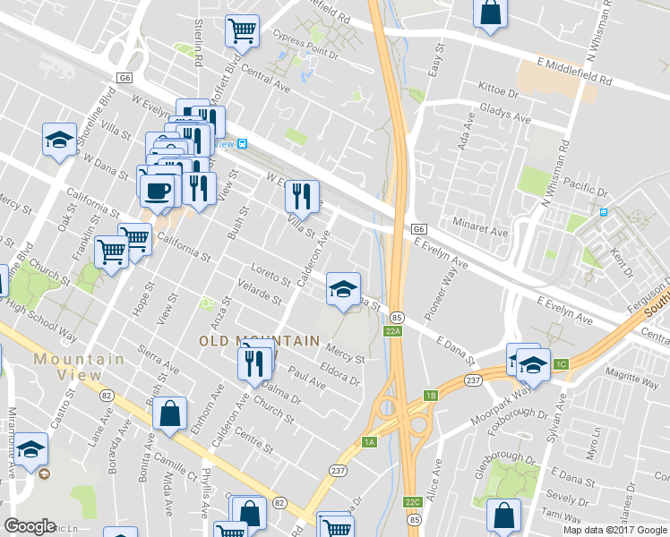 map of restaurants, bars, coffee shops, grocery stores, and more near 142 West Dana Street in Mountain View