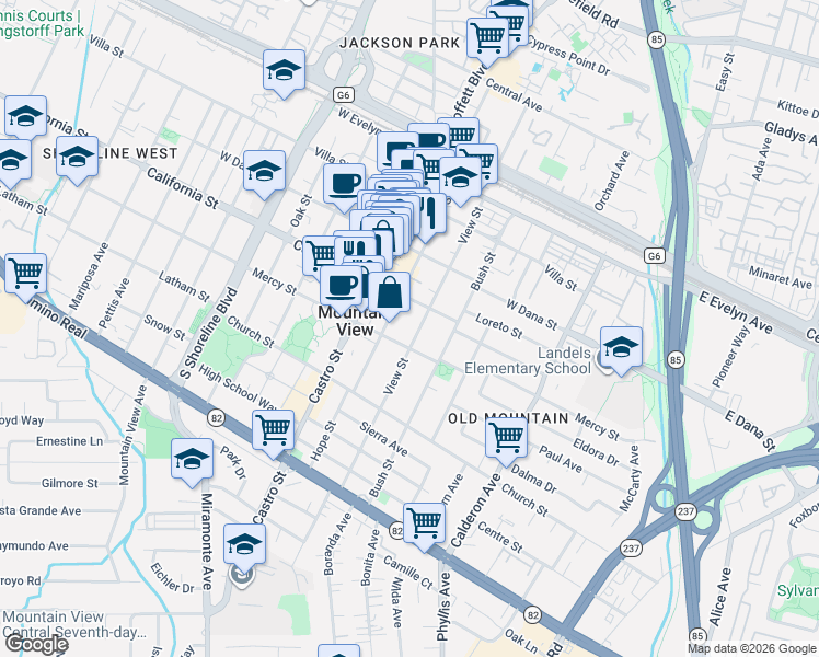 map of restaurants, bars, coffee shops, grocery stores, and more near 423 Hope Street in Mountain View