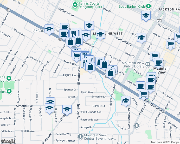 map of restaurants, bars, coffee shops, grocery stores, and more near in Mountain View