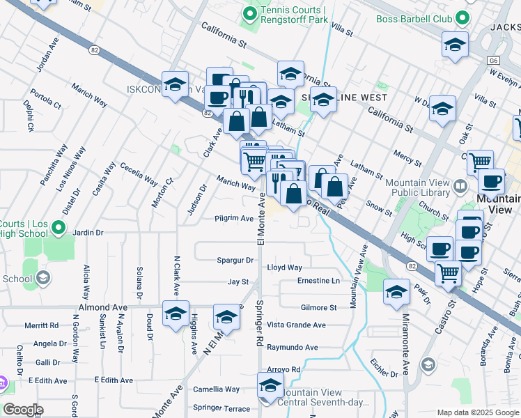 map of restaurants, bars, coffee shops, grocery stores, and more near 1005 El Monte Avenue in Mountain View