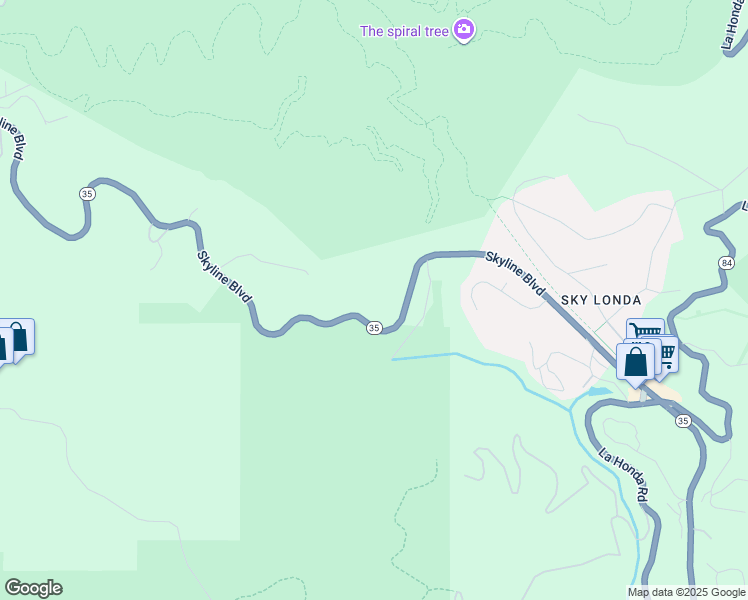map of restaurants, bars, coffee shops, grocery stores, and more near 16501 Skyline Boulevard in Woodside