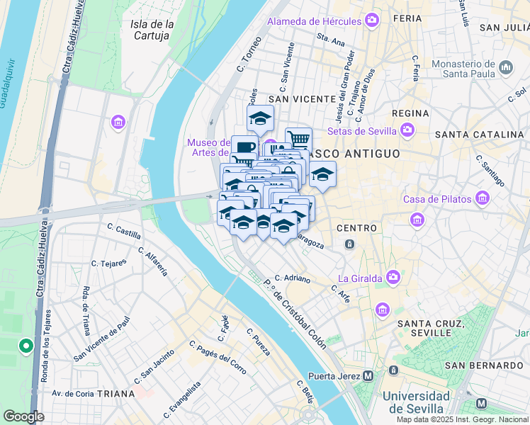 map of restaurants, bars, coffee shops, grocery stores, and more near 10 Calle Julio César in Seville