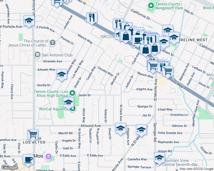 map of restaurants, bars, coffee shops, grocery stores, and more near 1159 Solana Drive in Mountain View